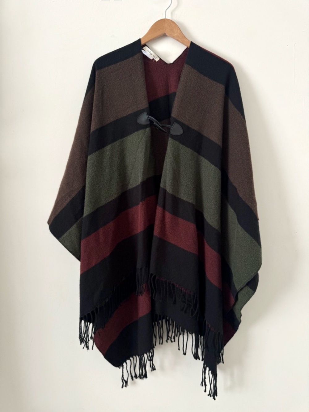 Indigo Soul Striped Fringe Blanket Poncho Oversized Cozy Wrap - One Size
